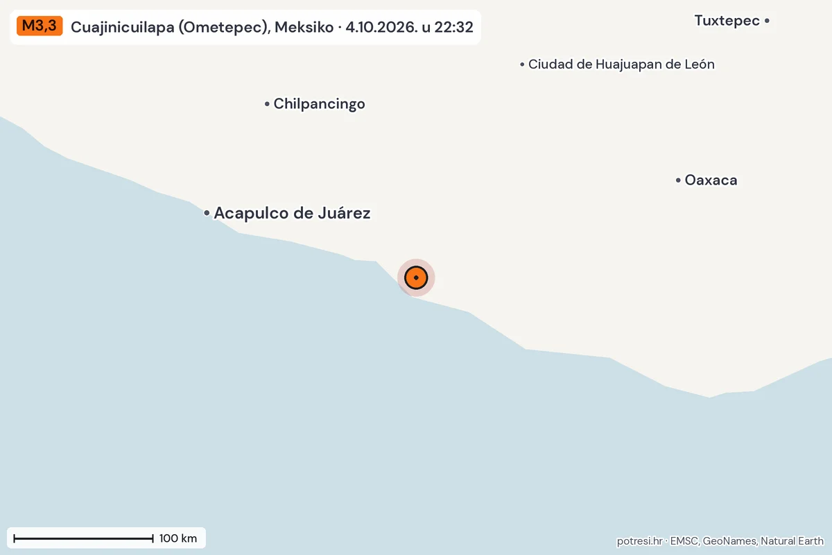 Karta: šire područje, 600 km, potres M3,3, Cuajinicuilapa (Ometepec), Meksiko, 4.10.2026.