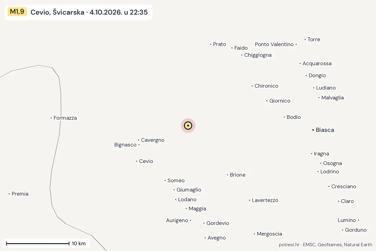 Karta: okolica epicentra, 60 km, potres M1,9, Cevio, Švicarska, 4.10.2026.