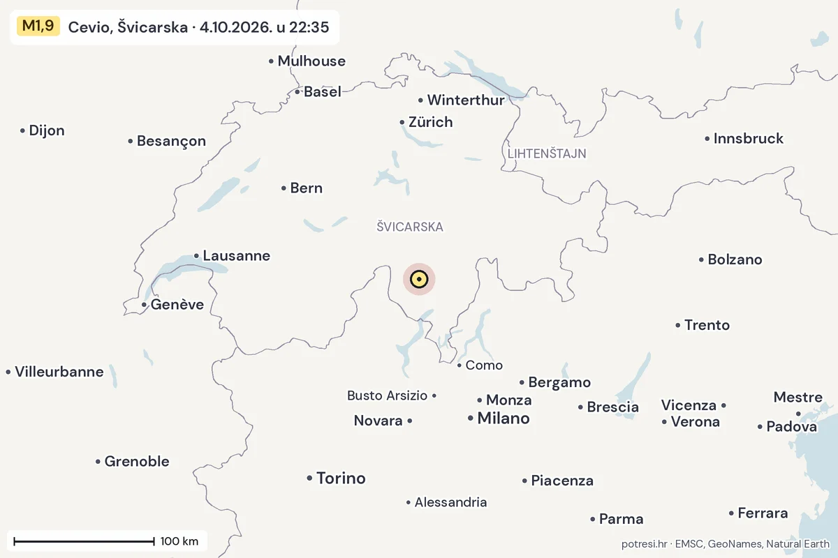 Karta: šire područje, 600 km, potres M1,9, Cevio, Švicarska, 4.10.2026.
