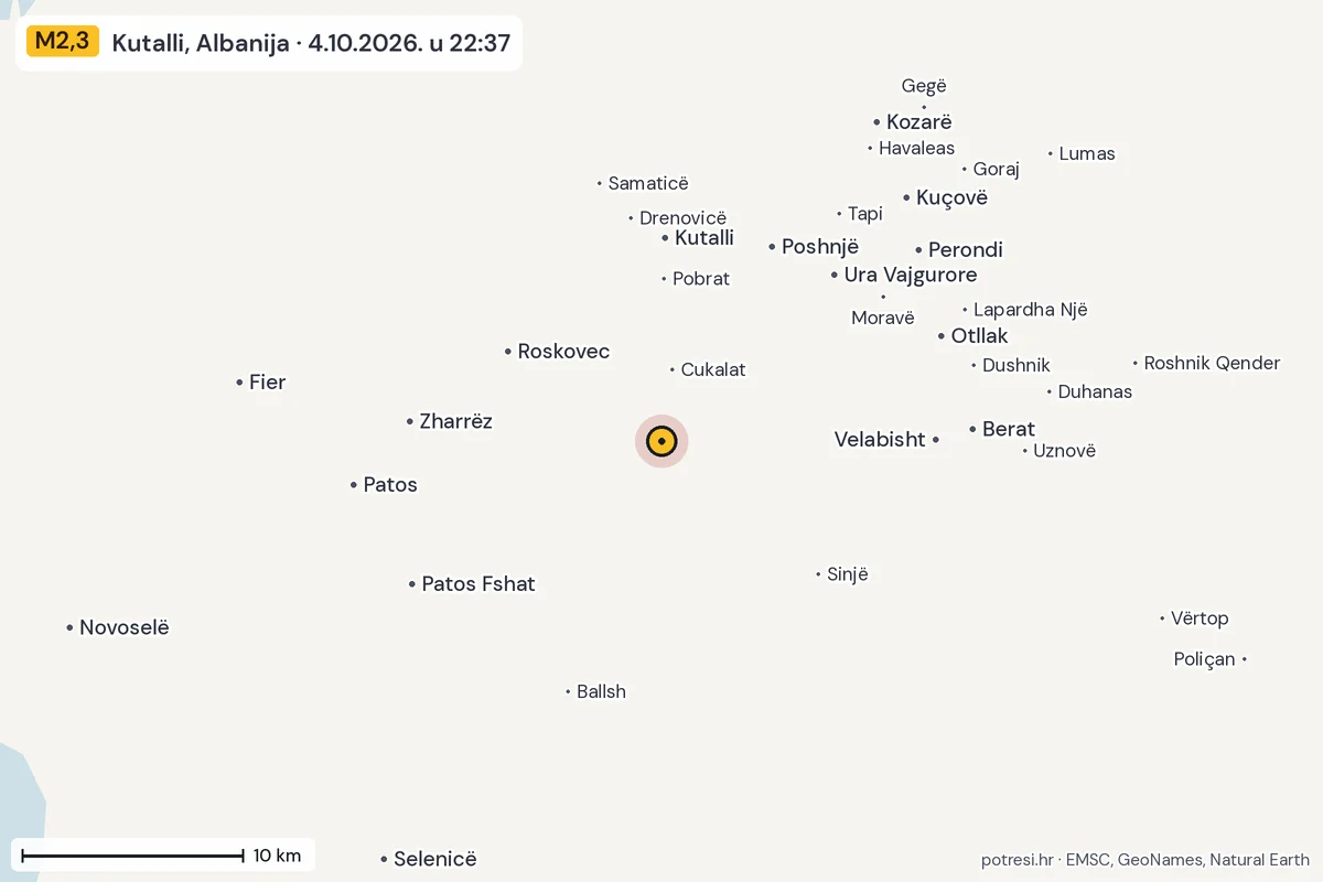 Karta: okolica epicentra, 60 km, potres M2,3, Kutalli, Albanija, 4.10.2026.