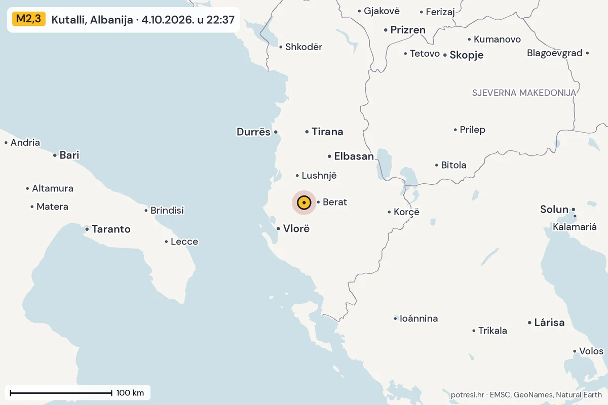 Karta: šire područje, 600 km, potres M2,3, Kutalli, Albanija, 4.10.2026.