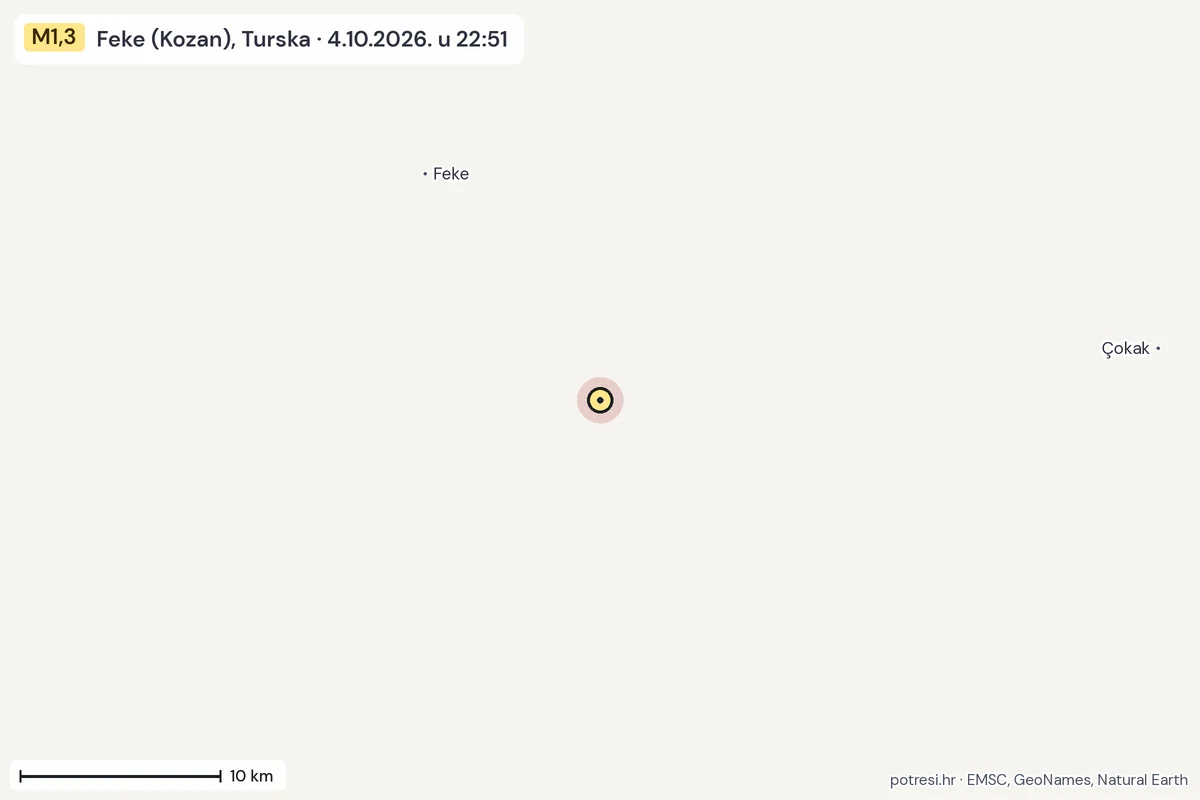 Karta: okolica epicentra, 60 km, potres M1,3, Feke (Kozan), Turska, 4.10.2026.