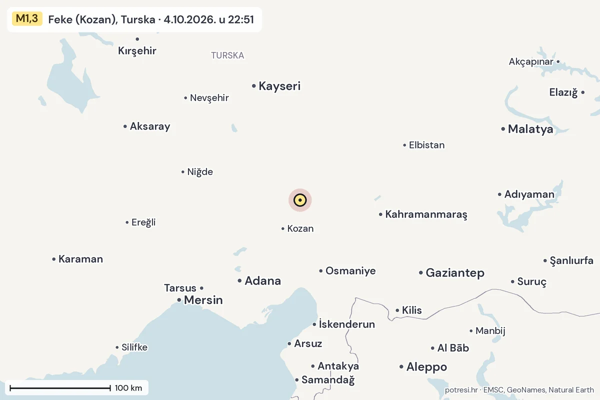Karta: šire područje, 600 km, potres M1,3, Feke (Kozan), Turska, 4.10.2026.