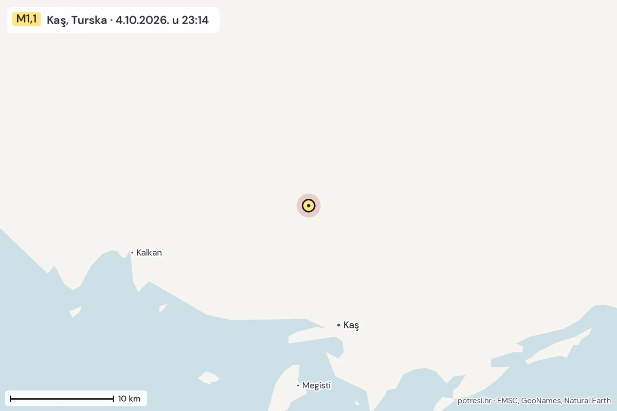 Karta: okolica epicentra, 60 km, potres M1,1, Kaş, Turska, 4.10.2026.
