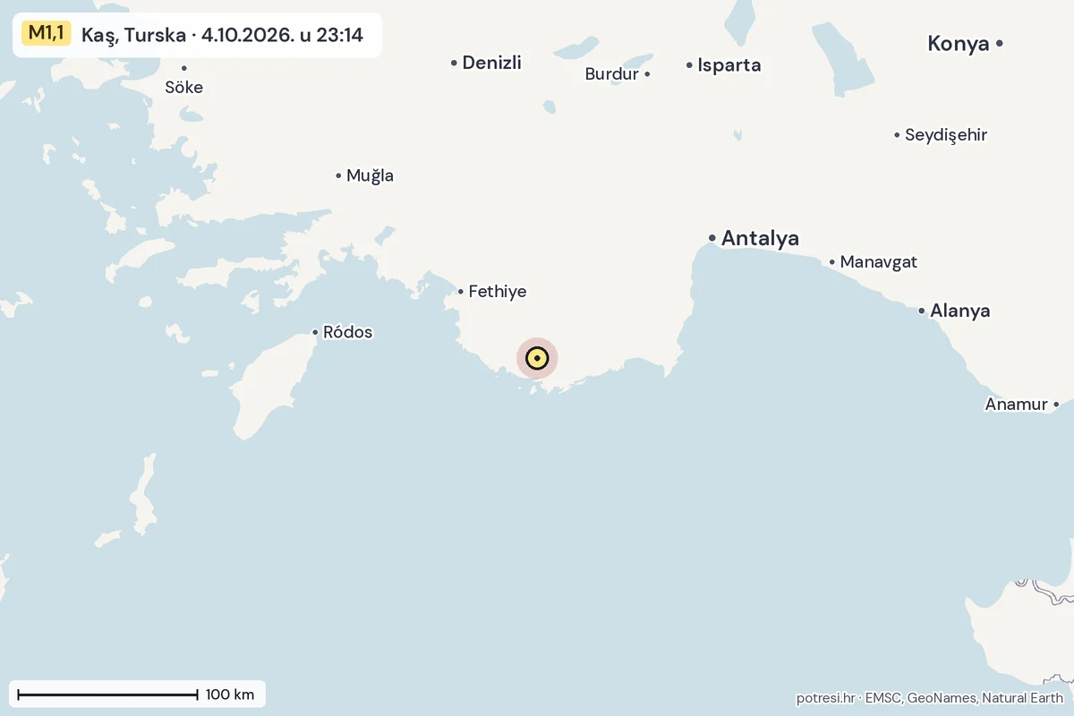 Karta: šire područje, 600 km, potres M1,1, Kaş, Turska, 4.10.2026.