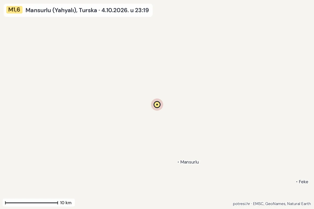 Karta: okolica epicentra, 60 km, potres M1,6, Mansurlu (Yahyalı), Turska, 4.10.2026.