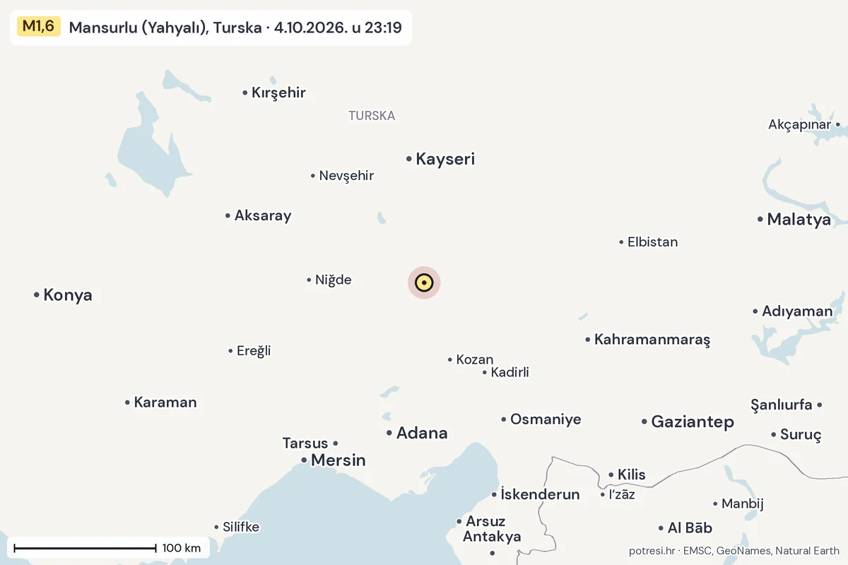 Karta: šire područje, 600 km, potres M1,6, Mansurlu (Yahyalı), Turska, 4.10.2026.