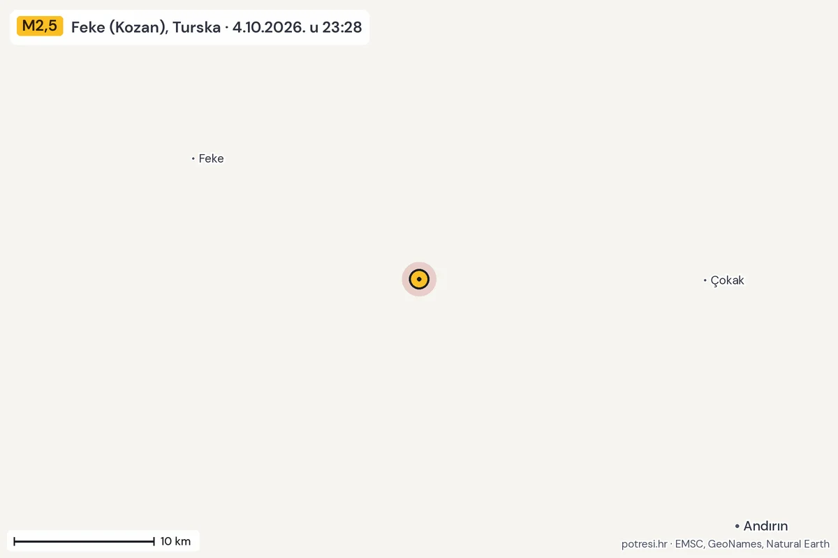 Karta: okolica epicentra, 60 km, potres M2,5, Feke (Kozan), Turska, 4.10.2026.