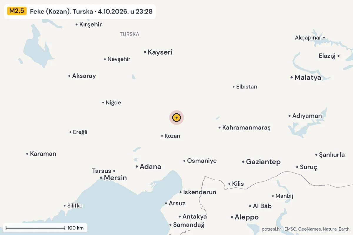 Karta: šire područje, 600 km, potres M2,5, Feke (Kozan), Turska, 4.10.2026.