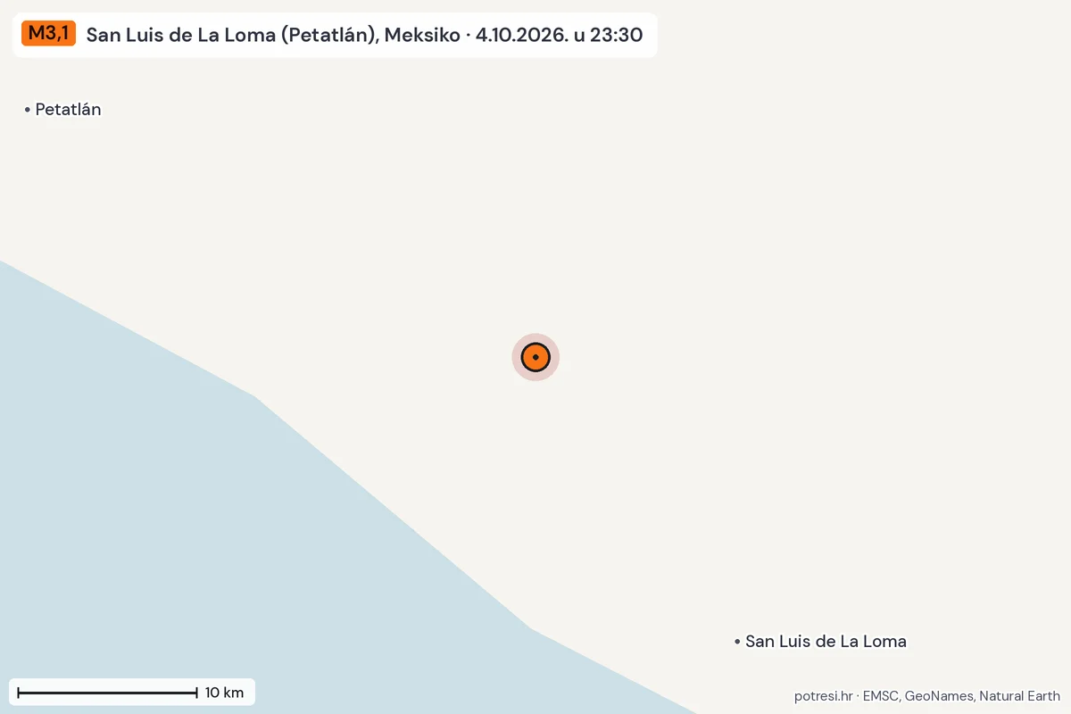 Karta: okolica epicentra, 60 km, potres M3,1, San Luis de La Loma (Petatlán), Meksiko, 4.10.2026.