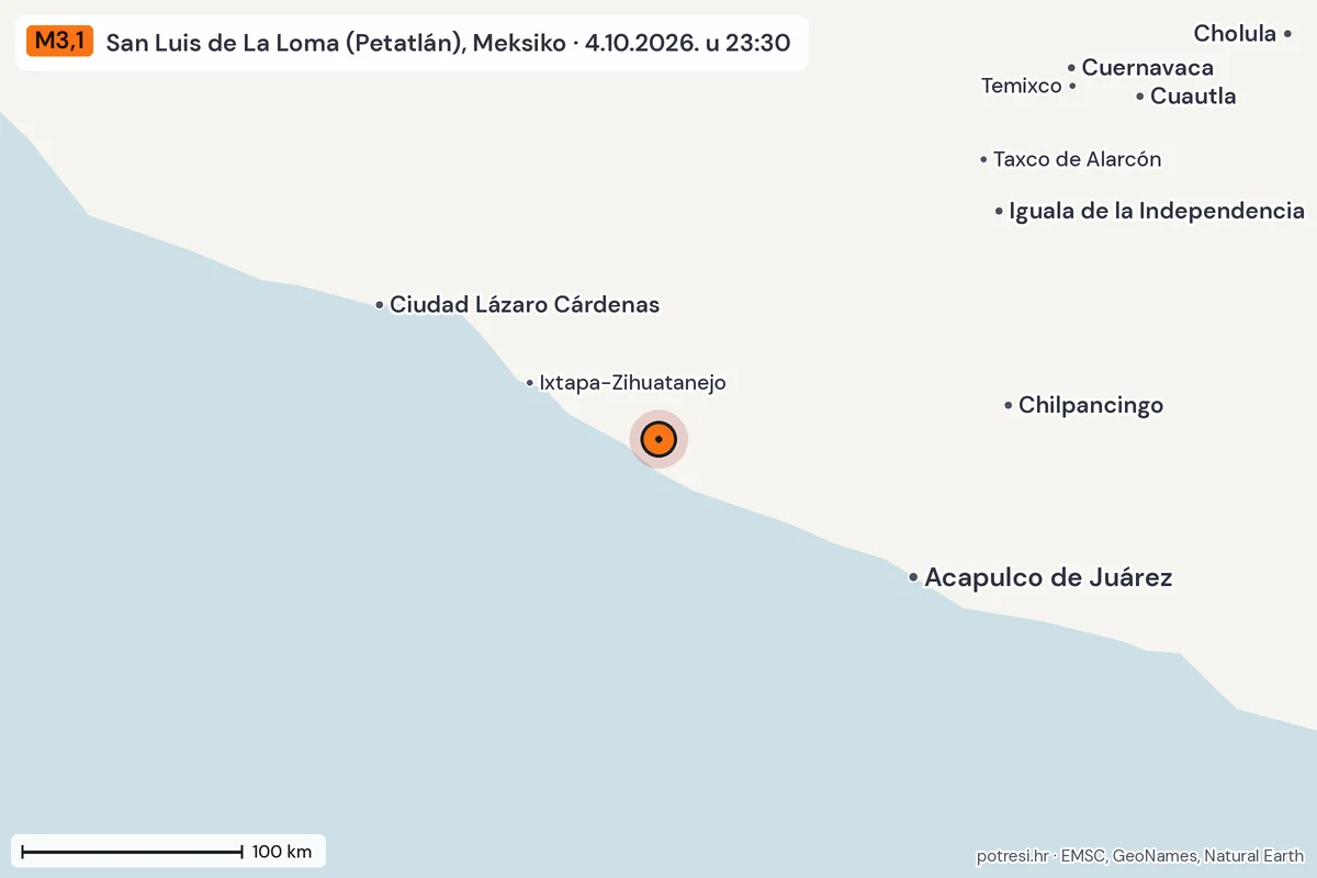 Karta: šire područje, 600 km, potres M3,1, San Luis de La Loma (Petatlán), Meksiko, 4.10.2026.