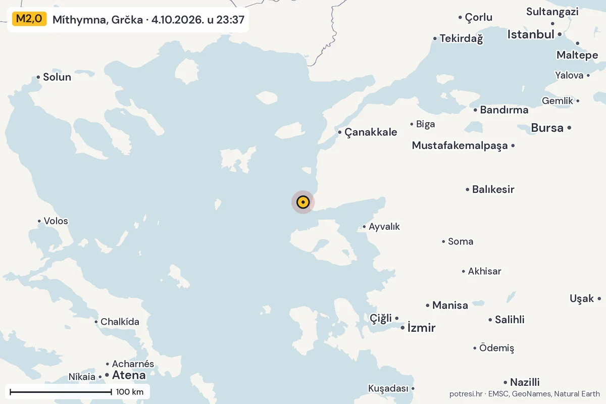 Karta: šire područje, 600 km, potres M2,0, Míthymna, Grčka, 4.10.2026.