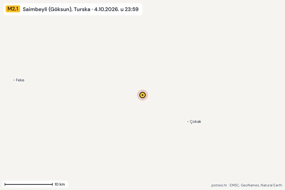 Karta: okolica epicentra, 60 km, potres M2,1, Saimbeyli (Göksun), Turska, 4.10.2026.