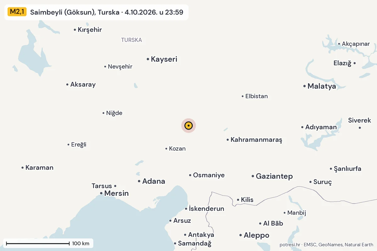Karta: šire područje, 600 km, potres M2,1, Saimbeyli (Göksun), Turska, 4.10.2026.
