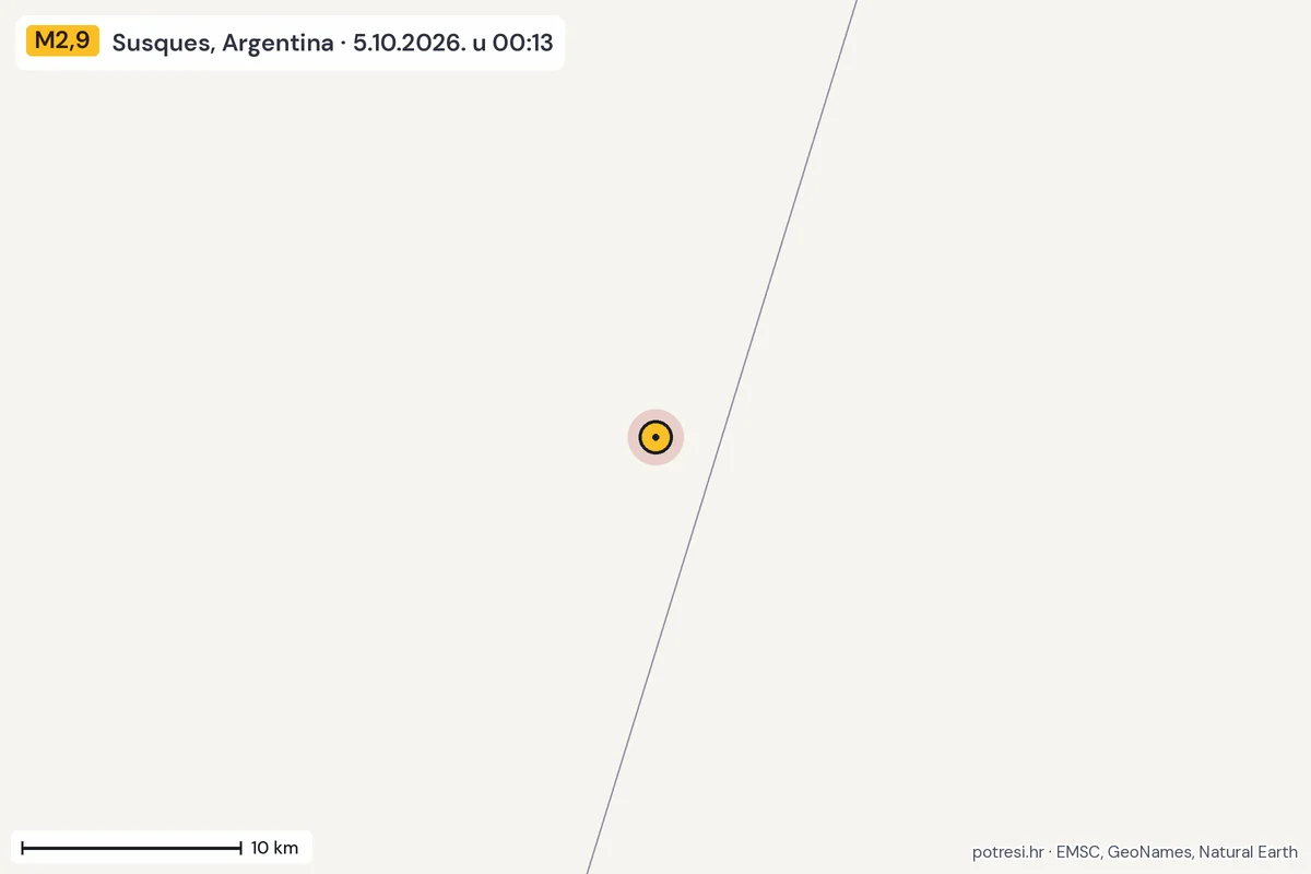 Karta: okolica epicentra, 60 km, potres M2,9, Susques, Argentina, 5.10.2026.