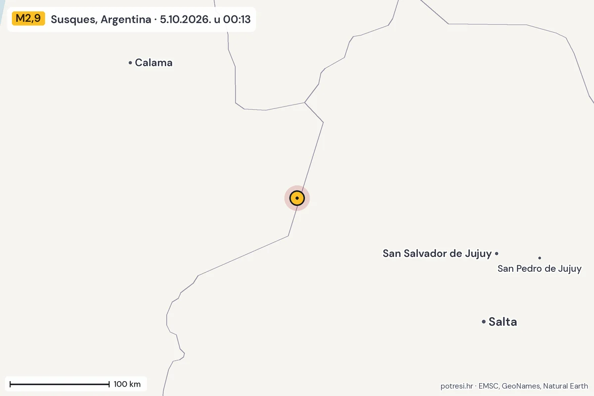 Karta: šire područje, 600 km, potres M2,9, Susques, Argentina, 5.10.2026.