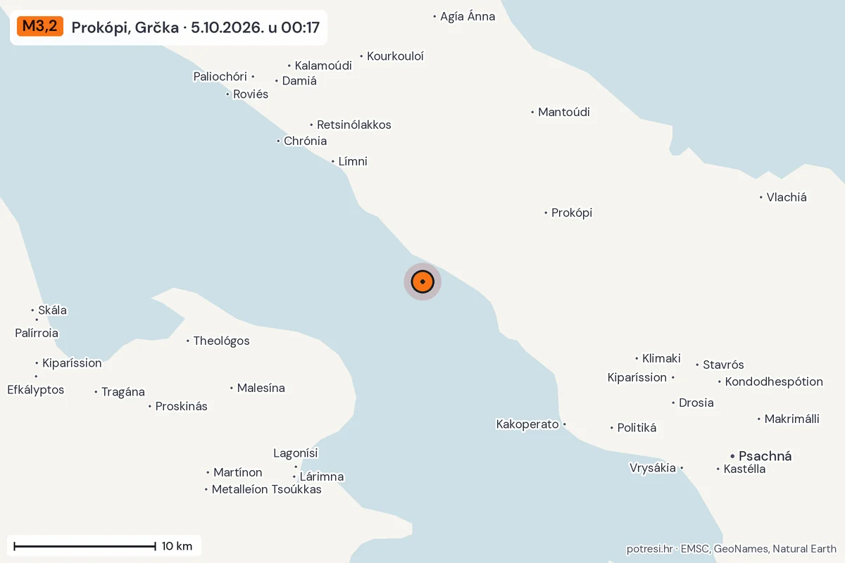 Karta: okolica epicentra, 60 km, potres M3,2, Prokópi, Grčka, 5.10.2026.