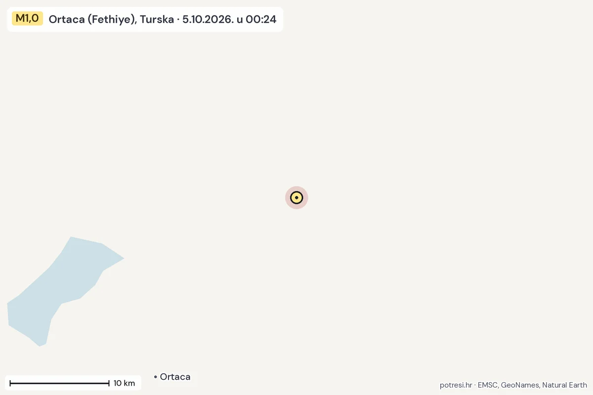 Karta: okolica epicentra, 60 km, potres M1,0, Ortaca (Fethiye), Turska, 5.10.2026.
