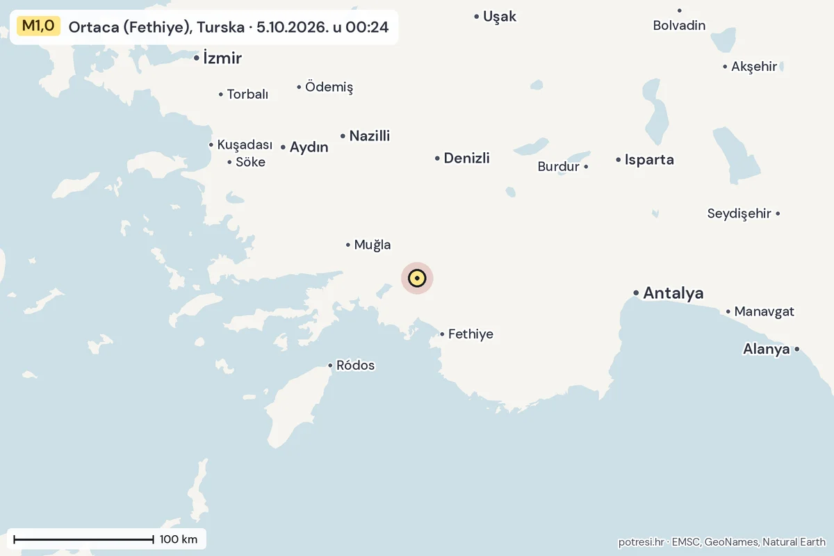 Karta: šire područje, 600 km, potres M1,0, Ortaca (Fethiye), Turska, 5.10.2026.