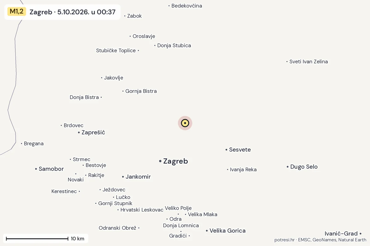 Karta: okolica epicentra, 60 km, potres M1,2, Zagreb, 5.10.2026.