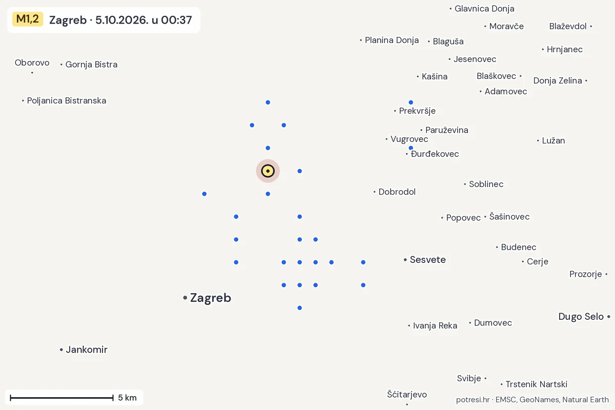 Karta: izvješća građana, potres M1,2, Zagreb, 5.10.2026.