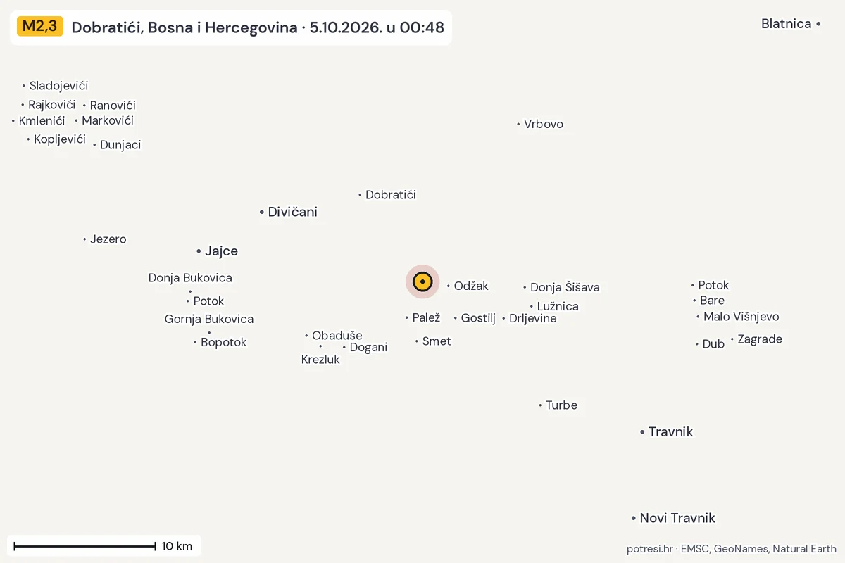 Karta: okolica epicentra, 60 km, potres M2,3, Dobratići, Bosna i Hercegovina, 5.10.2026.