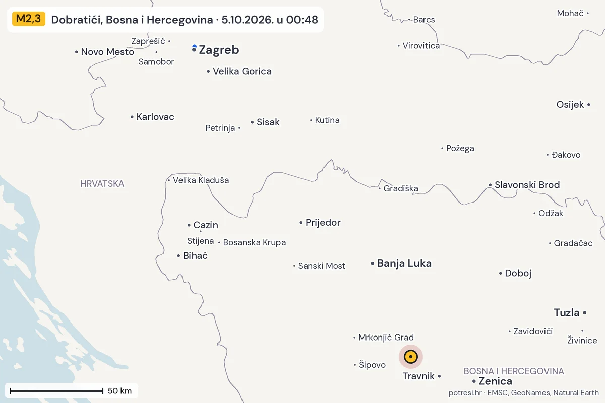 Karta: izvješća građana, potres M2,3, Dobratići, Bosna i Hercegovina, 5.10.2026.