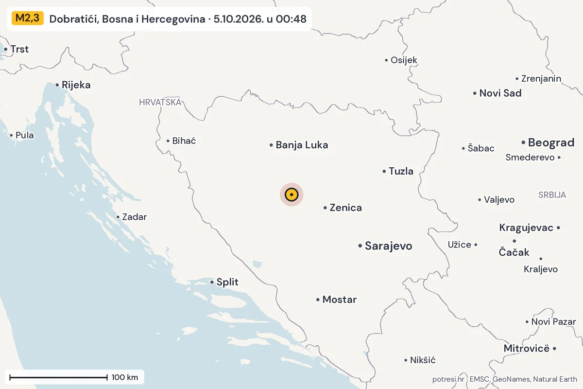 Karta: šire područje, 600 km, potres M2,3, Dobratići, Bosna i Hercegovina, 5.10.2026.