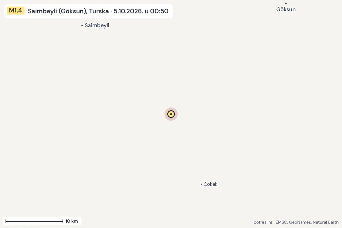 Karta: okolica epicentra, 60 km, potres M1,4, Saimbeyli (Göksun), Turska, 5.10.2026.