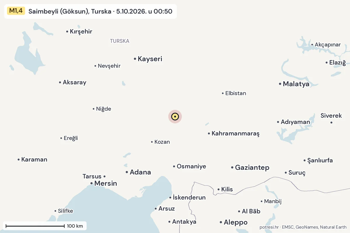 Karta: šire područje, 600 km, potres M1,4, Saimbeyli (Göksun), Turska, 5.10.2026.