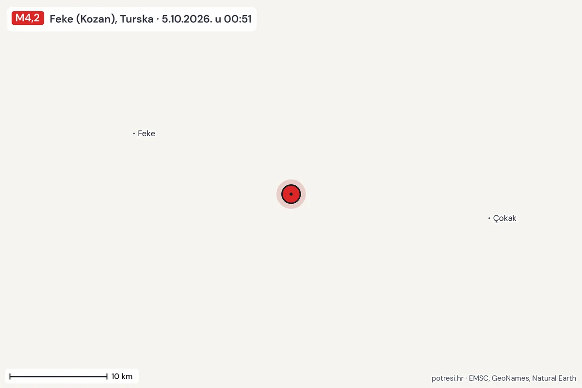 Karta: okolica epicentra, 60 km, potres M4,2, Feke (Kozan), Turska, 5.10.2026.