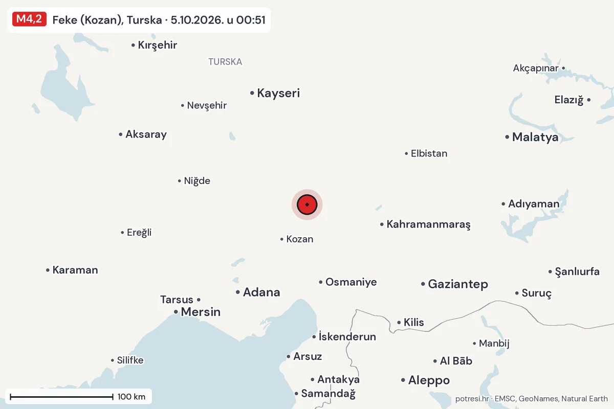 Karta: šire područje, 600 km, potres M4,2, Feke (Kozan), Turska, 5.10.2026.