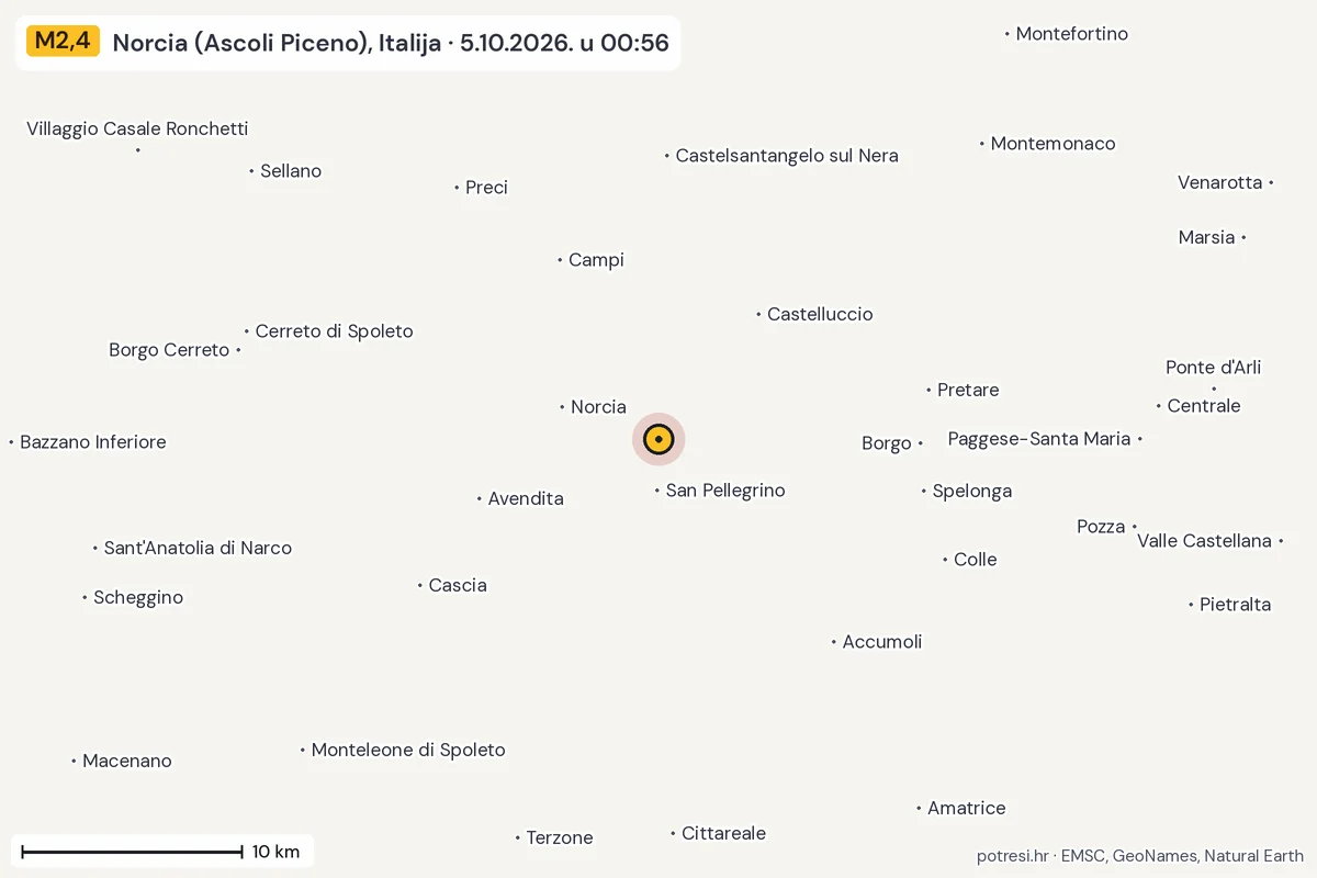 Karta: okolica epicentra, 60 km, potres M2,4, Norcia (Ascoli Piceno), Italija, 5.10.2026.