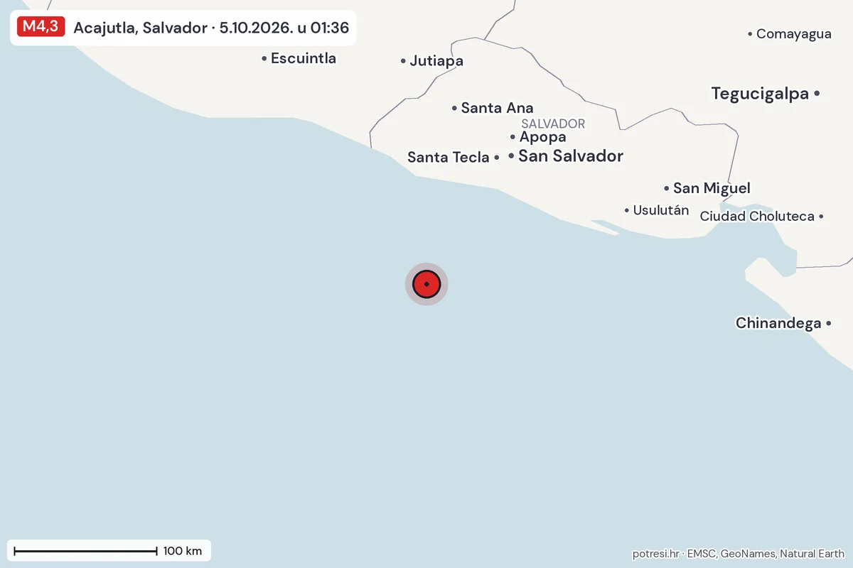 Karta: šire područje, 600 km, potres M4,3, Acajutla, Salvador, 5.10.2026.