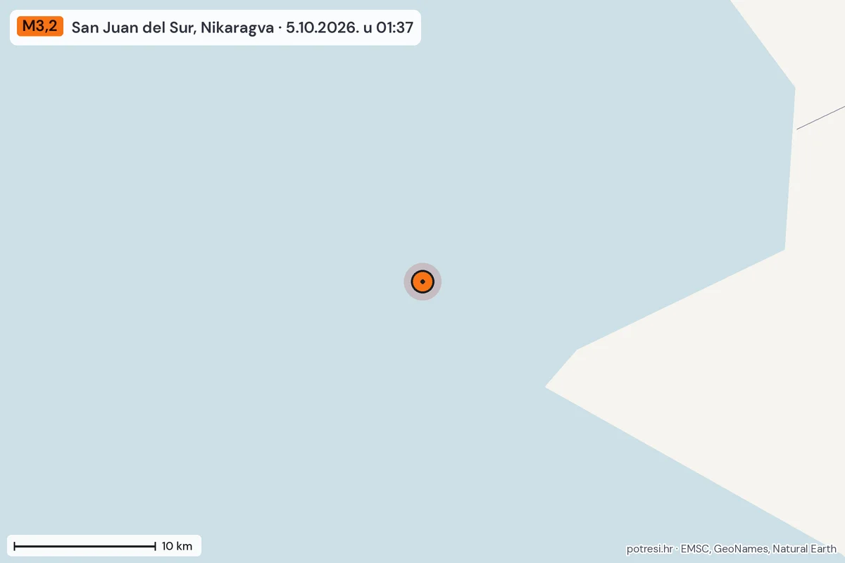 Karta: okolica epicentra, 60 km, potres M3,2, San Juan del Sur, Nikaragva, 5.10.2026.