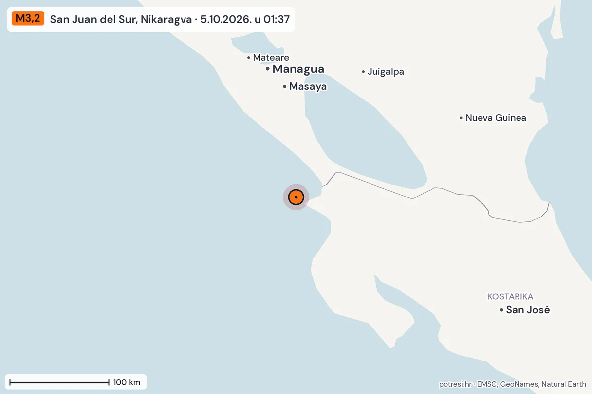 Karta: šire područje, 600 km, potres M3,2, San Juan del Sur, Nikaragva, 5.10.2026.