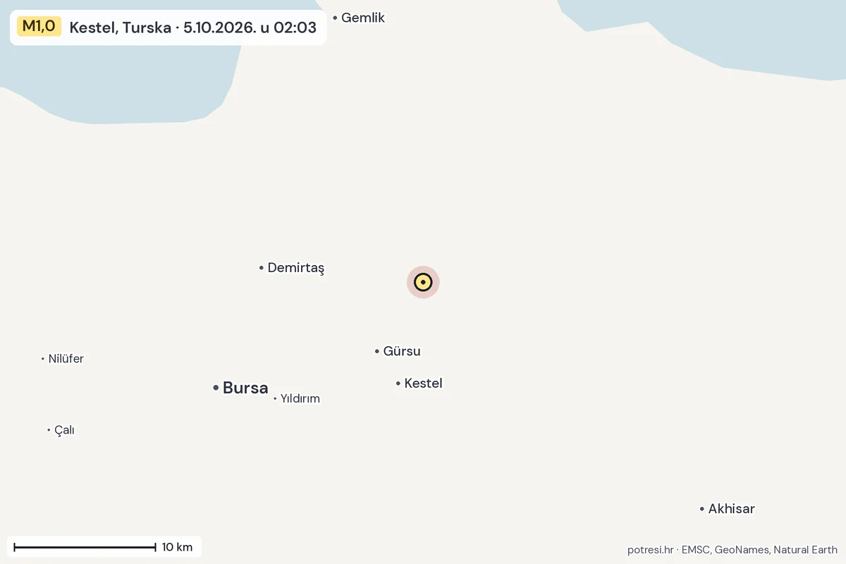 Karta: okolica epicentra, 60 km, potres M1,0, Kestel, Turska, 5.10.2026.