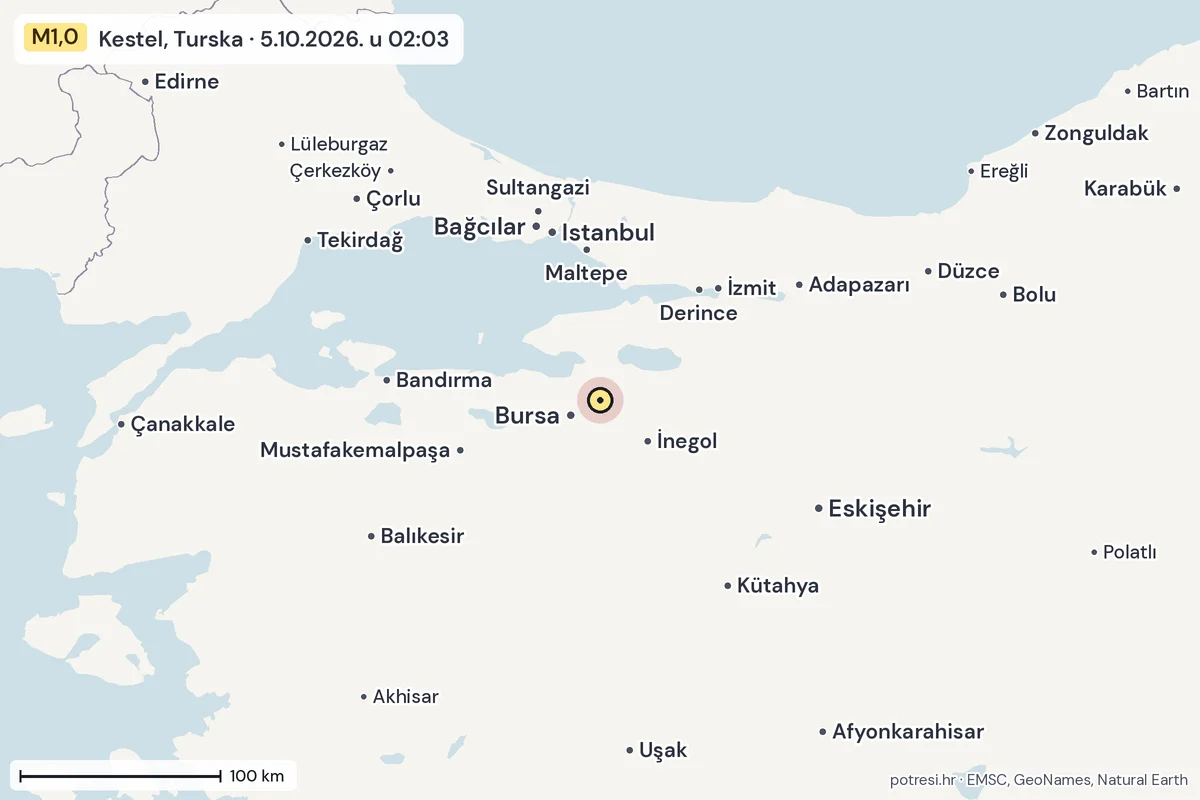 Karta: šire područje, 600 km, potres M1,0, Kestel, Turska, 5.10.2026.