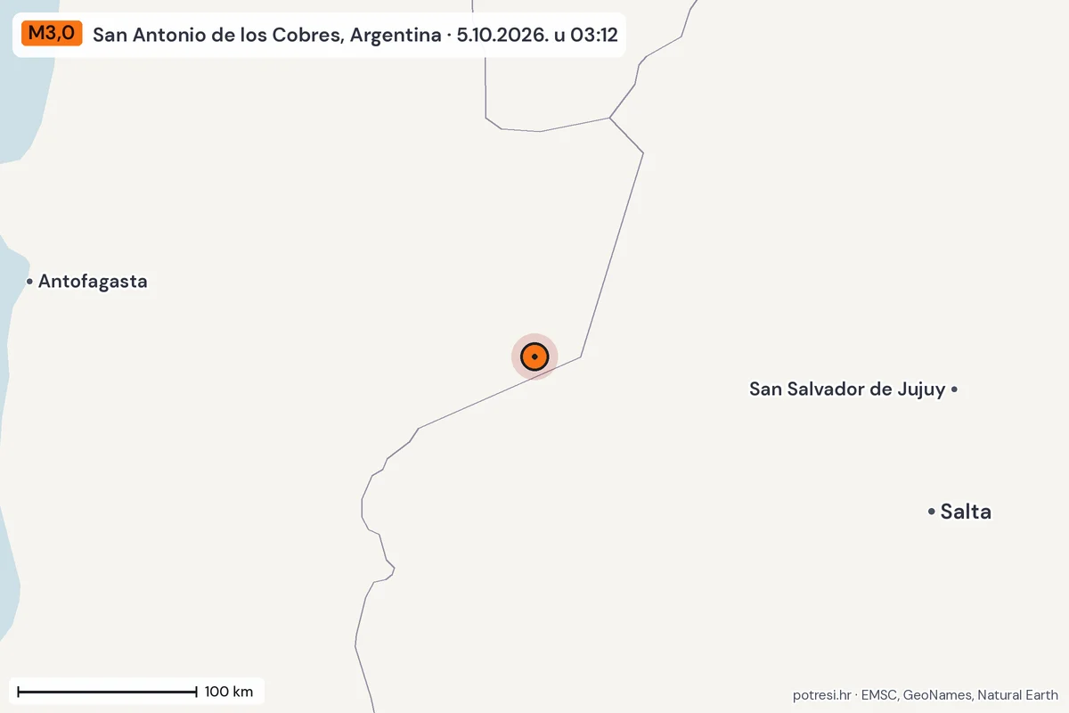 Karta: šire područje, 600 km, potres M3,0, San Antonio de los Cobres, Argentina, 5.10.2026.