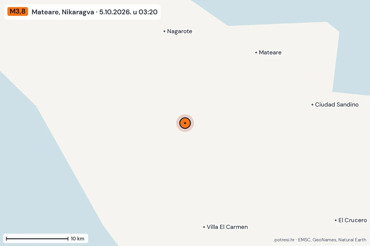 Karta: okolica epicentra, 60 km, potres M3,8, Mateare, Nikaragva, 5.10.2026.