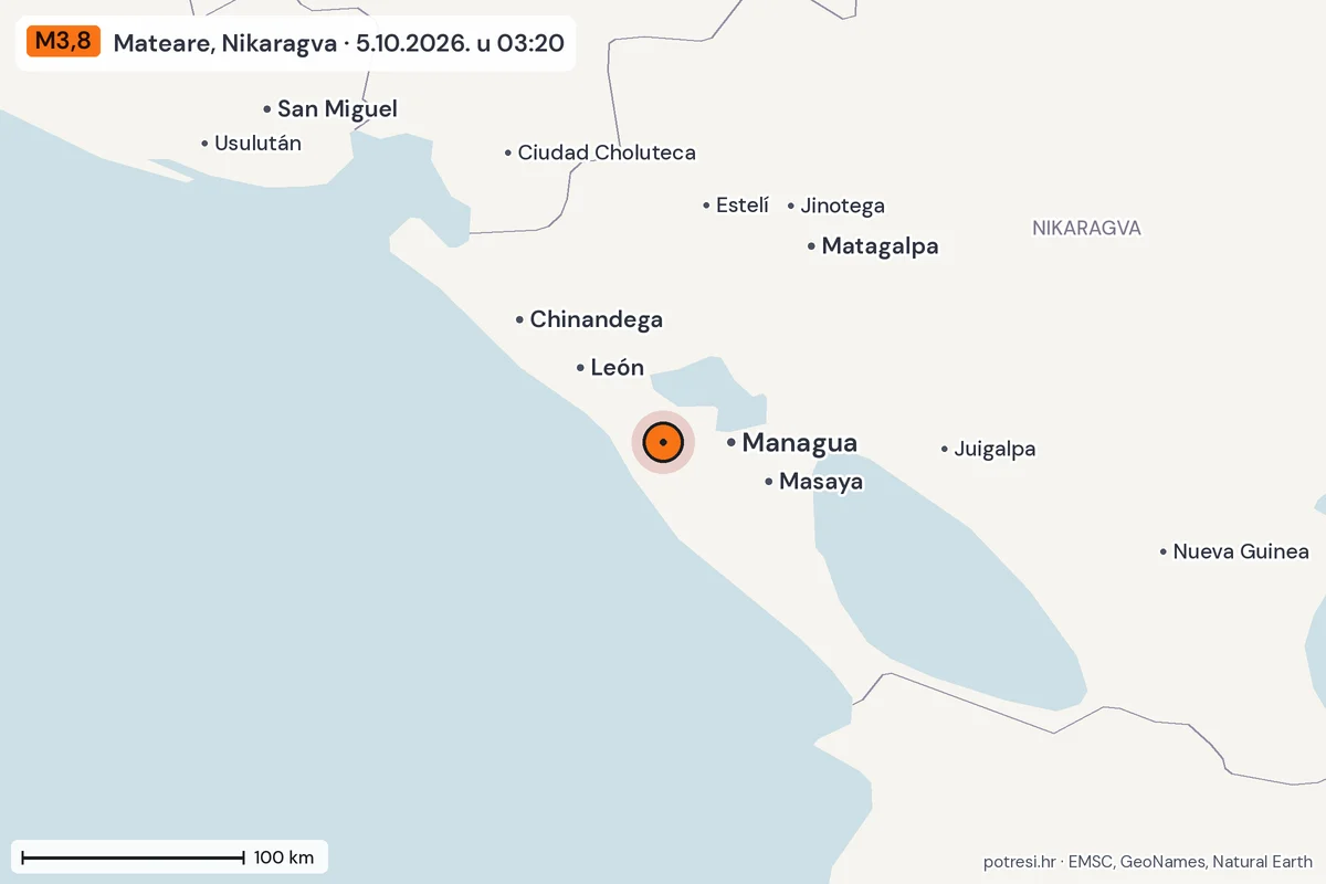 Karta: šire područje, 600 km, potres M3,8, Mateare, Nikaragva, 5.10.2026.