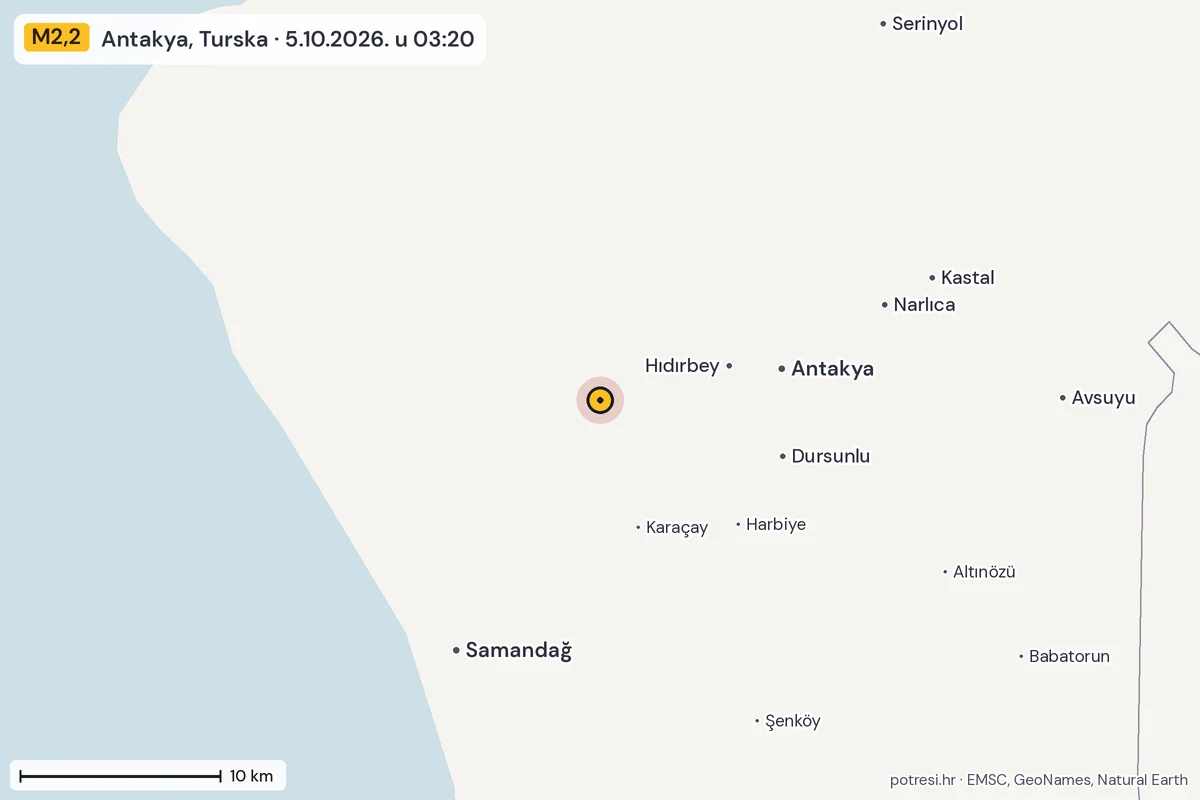 Karta: okolica epicentra, 60 km, potres M2,2, Antakya, Turska, 5.10.2026.