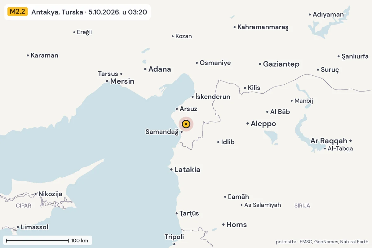 Karta: šire područje, 600 km, potres M2,2, Antakya, Turska, 5.10.2026.