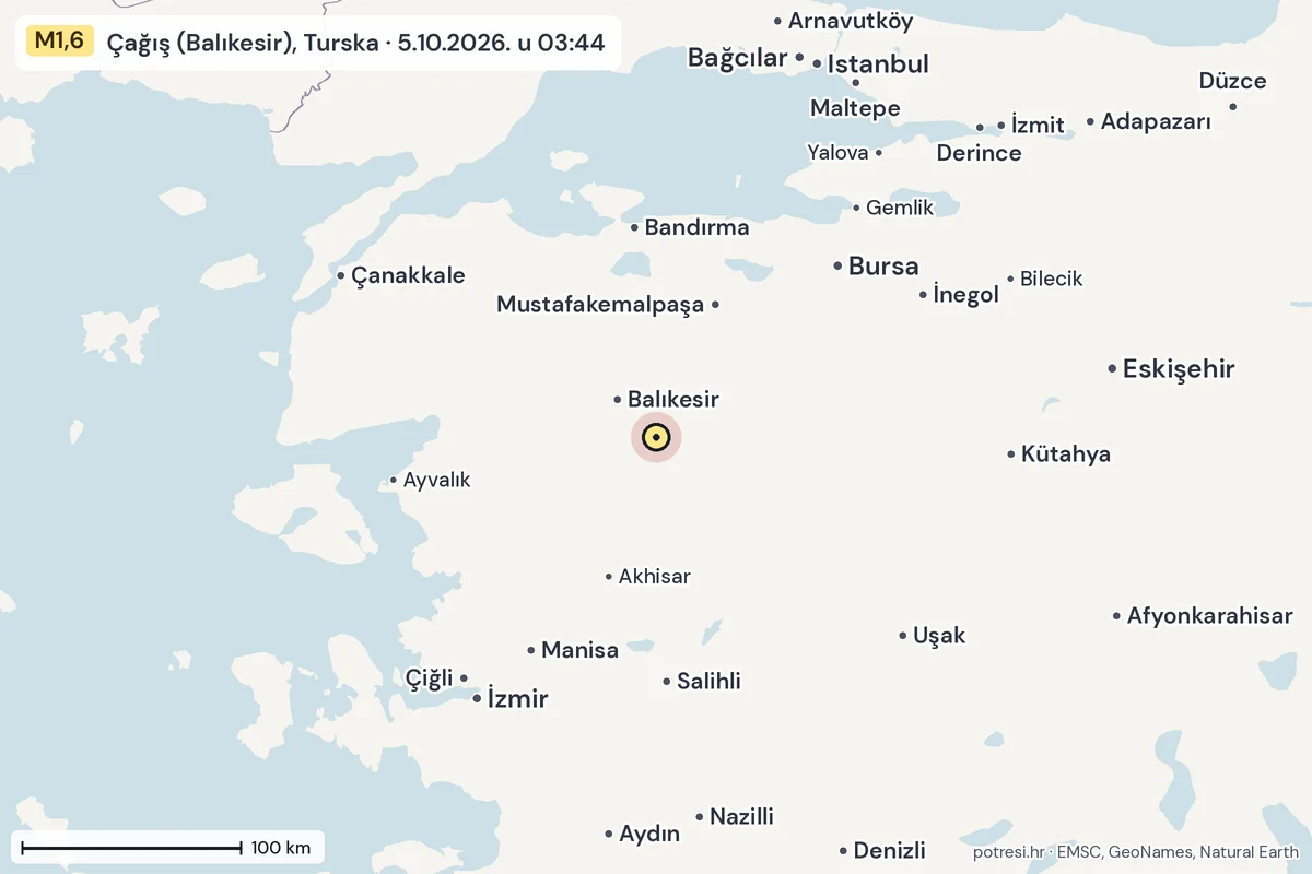 Karta: šire područje, 600 km, potres M1,6, Çağış (Balıkesir), Turska, 5.10.2026.