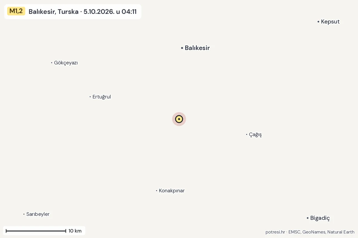 Karta: okolica epicentra, 60 km, potres M1,2, Balıkesir, Turska, 5.10.2026.