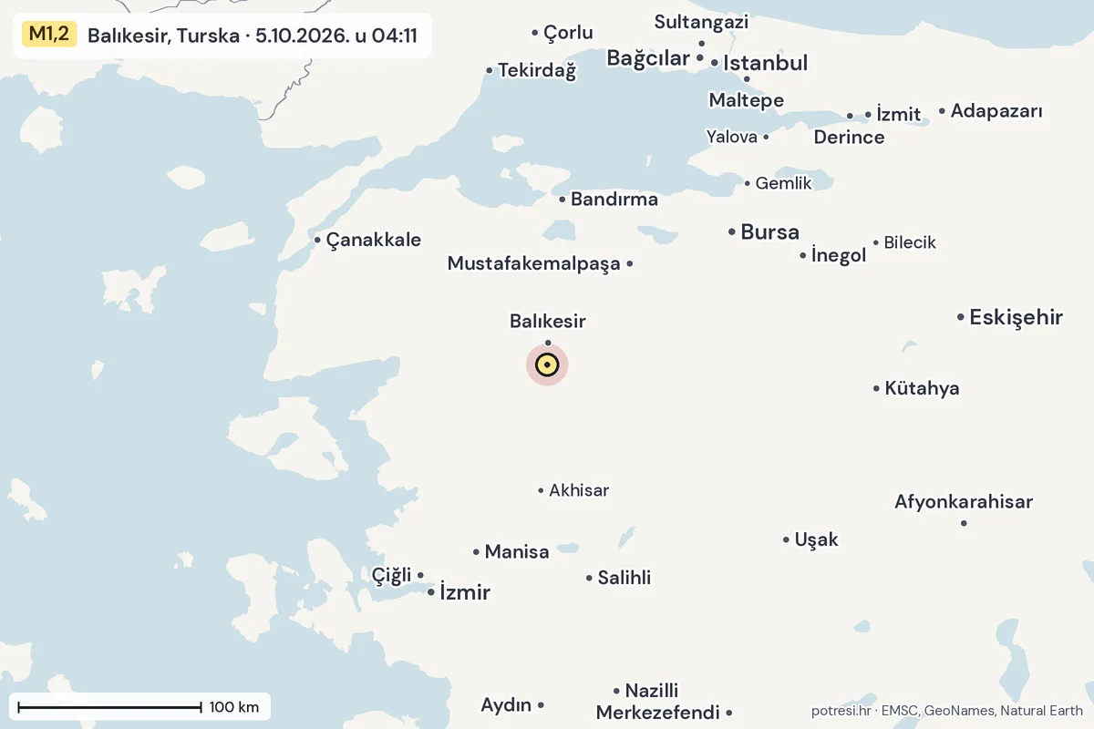 Karta: šire područje, 600 km, potres M1,2, Balıkesir, Turska, 5.10.2026.