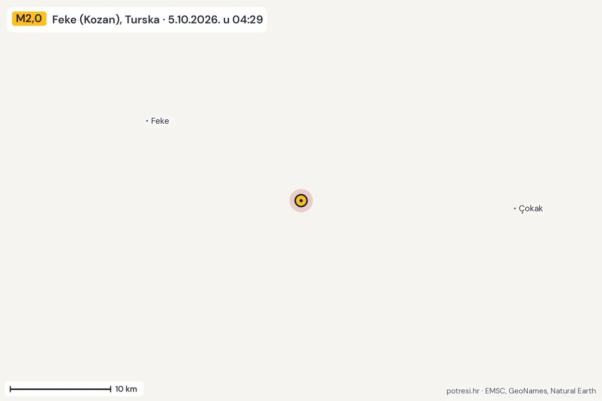 Karta: okolica epicentra, 60 km, potres M2,0, Feke (Kozan), Turska, 5.10.2026.