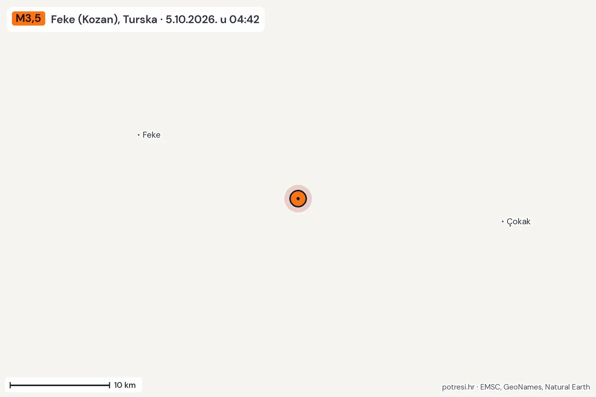 Karta: okolica epicentra, 60 km, potres M3,5, Feke (Kozan), Turska, 5.10.2026.