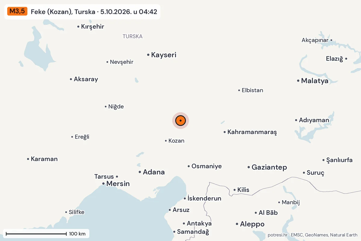 Karta: šire područje, 600 km, potres M3,5, Feke (Kozan), Turska, 5.10.2026.