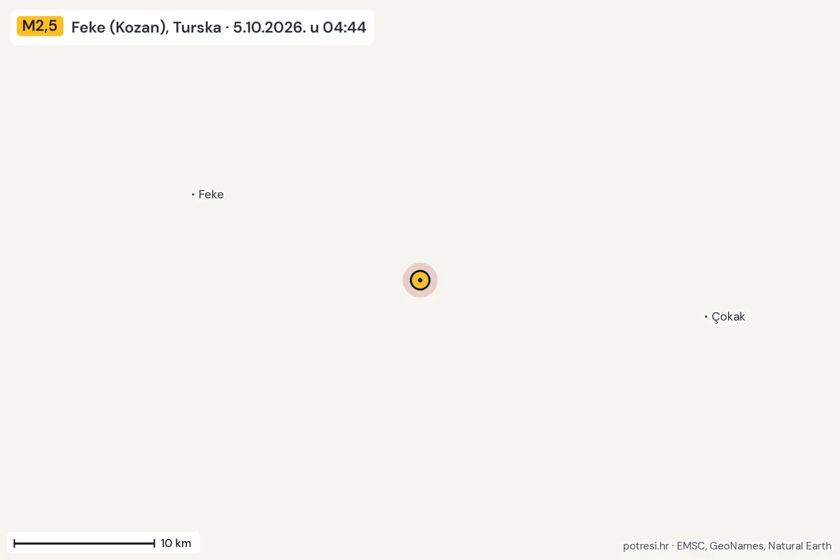 Karta: okolica epicentra, 60 km, potres M2,5, Feke (Kozan), Turska, 5.10.2026.